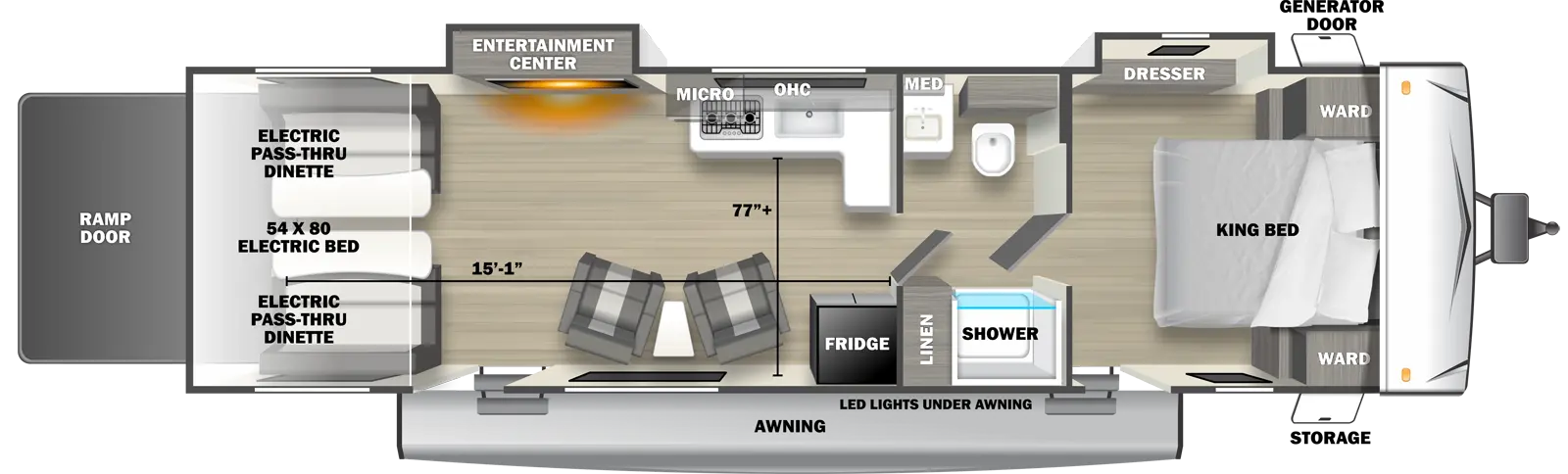 The 2600RLT travel trailer has 2 slide outs on the off-door side, 2 entry doors and 1 rear ramp door. Exterior features include an awning with LED lights over both entry doors, front door side storage and front off-door side generator door. Interior layout from front to back includes: front bedroom with foot-facing King bed, shelf over the bed, front corner wardrobes, off-door side slideout holding a dresser and door side entry door to outside; pass-through bathroom with toilet, medicine cabinet and sink on the off-door side and shower and linen storage on the door side; off-door side L-shaped kitchen countertop with overhead microwave and cabinets, stovetop and sink; door side refrigerator; 2 door side recliners with end table; off-door side slideout holding an entertainment center; door side entry door to outside; and rear 54 x 80 electric bed over electric pass-through dinette. Cargo length from rear of unit to kitchen wall is 15 ft. 1 in. Cargo width from kitchen countertop to door side wall is 77 inches.